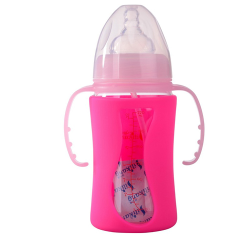 矽利康有手柄寬口玻璃奶瓶220ml