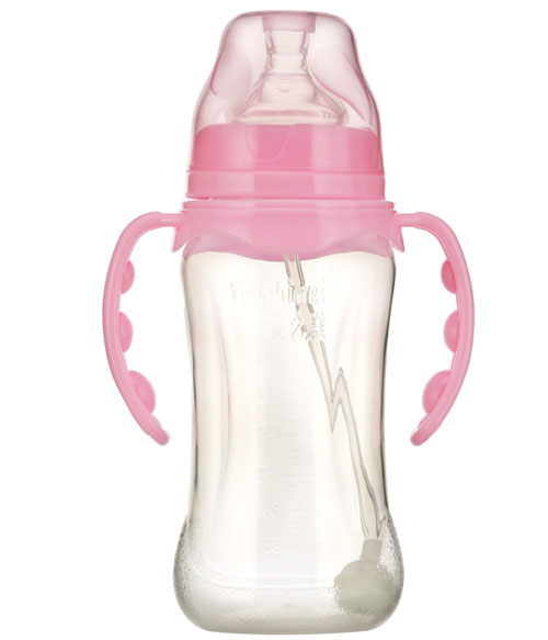 嬰之美寬口雙耳自動(dòng)弧形PP嬰兒奶瓶300ML粉色