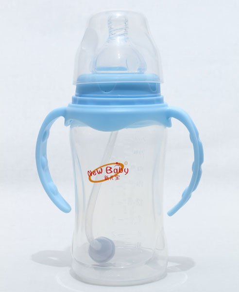 新兒寶天藍(lán)色寬口270ml雙耳自動圓腰形PP奶瓶