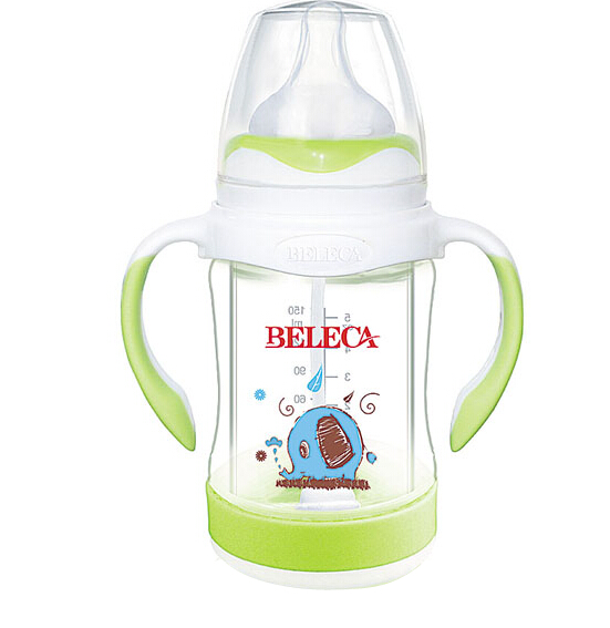 貝樂(lè)嘉包膠手柄兩用防爆奶瓶綠色