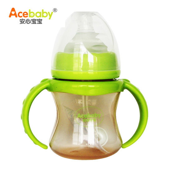 安心寶寶150ml寬口納米銀抗菌雙耳自動(dòng)PP奶瓶綠色手柄