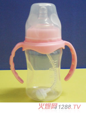 yinge寬口粉色帶吸管PP奶瓶