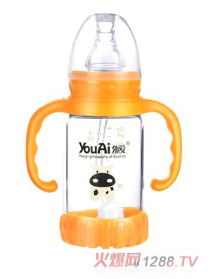 幼愛(ài)帶柄自動(dòng)吸防摔感溫晶鉆玻璃標(biāo)口奶瓶120ml