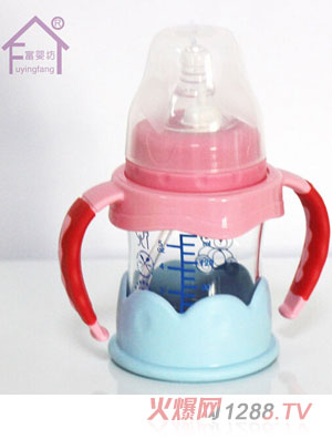 富嬰坊帶手柄寬口高硼硅玻璃奶瓶紅色