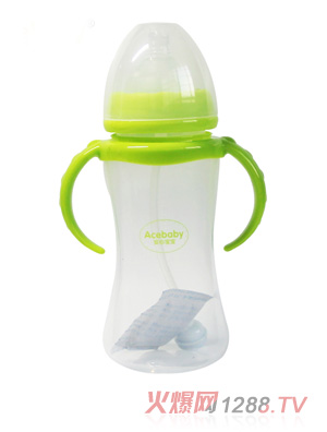 安心寶寶300ml寬口自動雙耳PP奶瓶綠色手柄