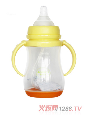 安心寶寶250ml寬口雙耳自動感溫PP奶瓶黃無蓋