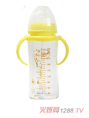 安心寶寶260ml寬口徑雙耳自動高硼硅玻璃奶瓶黃色帶蓋