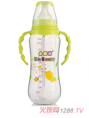 小孩國(guó)標(biāo)口自動(dòng)弧形PP安全奶瓶300 ML青色