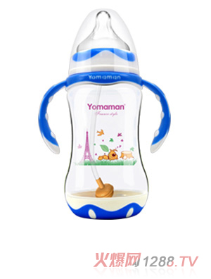 優(yōu)秀媽咪寬口徑PP帶底座奶瓶藍色300ml